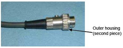 Photograph shows a completed DIN plug. An arrow indicates the location of the outer housing open parenthesis second piece close parenthesis.