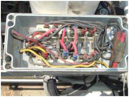 Photograph shows a typical electronics connection box. Refer to the specific manufacturers wiring schematics and owners manual for more information on a specific wiring diagram.