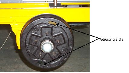 Photograph shows brake drum with adjusting slot. Arrows indicate the location of the two adjusting slots.