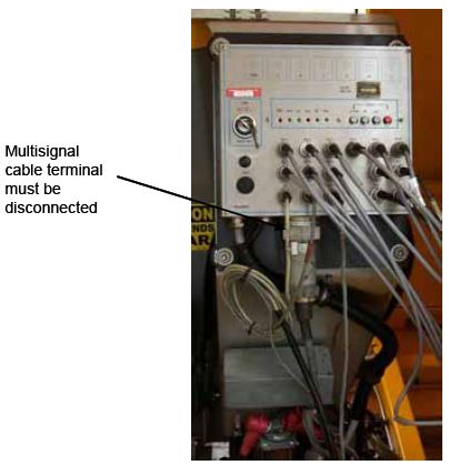 Photograph shows a multisignal connection to a control box. Arrow indicates the location of the multisignal cable terminal that must be disconnected.