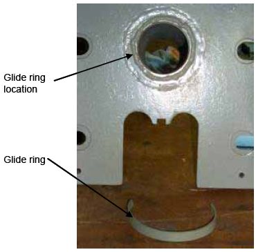 Photograph is a bottom view of a weight package showing the placement of a glide ring.