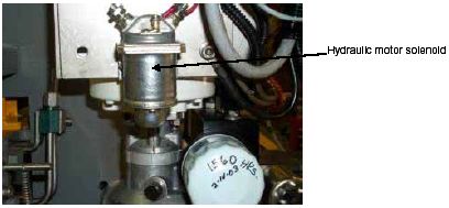 Photograph shows a solenoid mounted to a hydraulic motor. An arrow indicates the location of the hydraulic motor solenoid.