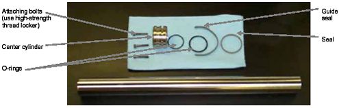 Photograph shows center cylinder and components. Arrows indicate the locations of the center cylinder, O-rings, guide seal, seal, and attaching bolts open parenthesis use high-strength thread locker when assembling close parenthesis.