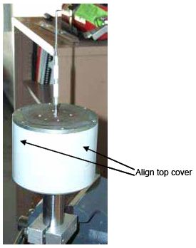 Photograph shows correctly aligned top cover. Arrows indicate how to position the top cover so that the connecting bolts can be tightened.