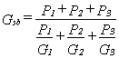 G subscript sb equals P subscript 1 plus P subscript 2 plus P subscript 3 over P subscript 1 over G subscript 1 plus P subscript 2 over G subscript 2 plus P subscript 3 over G subscript 3