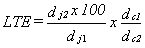 LTE equals d subscript js multiplied by 100 over d subscript j1 multiplied by d subscript c1 over d subscript c2