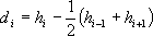 Equation. Lowercase D subscript lowercase I is equal to lowercase H subscript lowercase I minus the quotient of the sum of lowercase H subscript lowercase I minus 1, plus lowercase H subscript lowercase I plus 1, all divided by 2.