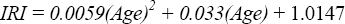 Equation 3. Equation. I R I is equal to the sum of the product of 0.0059 and Age squared, plus the product of 0.033 times Age, plus 1.0147.