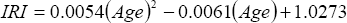 Equation 4. Equation. I R I is equal to the sum of the product of 0.0054 and Age squared, minus the product of 0.0061 times Age, plus 1.0273.