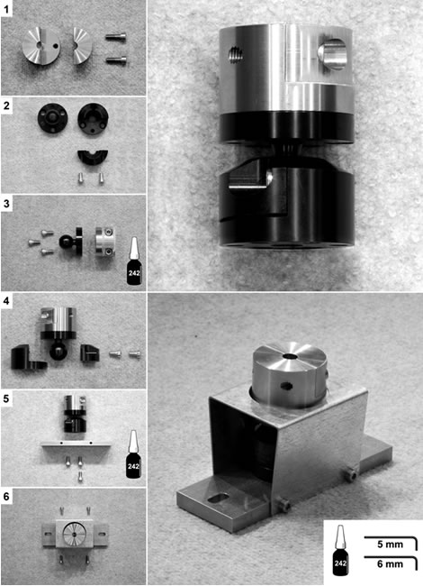 Figure 113. Photo. Assembly of the ball-joint anchor. The photo shows a series of images depicting steps 1–6 of the ball-joint anchor assembly from top to bottom as well as larger images of the completed ball-joint after step 4 and the fully assembled ball-joint anchor. The steps are as follows: (1) assemble the clamp, (2) disassemble the ball joint, (3) attach the ball joint to the clamp, (4) reassemble the ball joint, (5) attach the ball joint to the base plate, and (6) attach the rest stop.