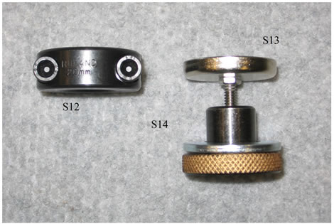 Figure 122. Photo. Attachment of a Dynatest ® geophone to the stand. This photo shows the attachment of Dynatest ® geophones in the calibration stand and a close-up of an attached Dynatest ® sensor. The left panel shows the six components in an unassembled layout. The components are the Dynatest ® geophone, which is a yellow plastic cylinder with a wire out the front, a black knurled knob, a large upper washer, a small lower washer, an attaching bolt, and the front side of the geophone stand with a notched shelf for placing the geophone. The right panel shows the Dynatest ® geophone magnetically attached to a knurled knob and the knob bolted into place in the stand.