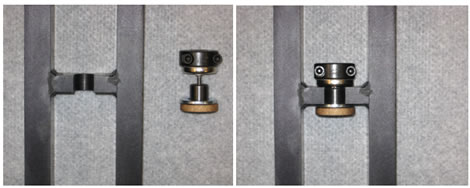 Figure 123. Photo. Attachment of a KUAB geophone adapter. This photo shows the KUAB geophone adapter attached in the stand in the hollow groove. The left panel shows the six components in an unassembled adapter. The components are the clamp that holds the KUAB geophone, a magnetic cup with a bolt sticking out the bottom, a large lower washer, a black knurled knob that is painted gold around the knurled end, and the front side of the geophone stand with a notched shelf for placing the geophone. The right panel shows the clamp is 