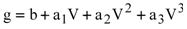 Figure 14. Equation. Nonlinear conversion of voltage to acceleration. g equals b plus a subscript 1 multiplied by V plus a subscript 2 multiplied by V squared plus a subscript 3 multiplied by V cubed.