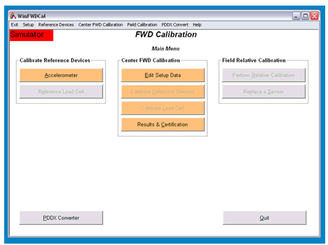 Figure 2. Screen shot. WinFWDCal software program FWD calibration screen. This screen shot shows a screen from the WinFWDCal software program. The main menu screen shows options for falling weight deflectometer (FWD) calibration.  