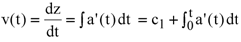 Figure 26. Equation. Velocity as a function of time. v parentheses t equals the derivative of z versus t equals the integral of a prime parenthesis t end parenthesis equals c subscript 1 plus the integral of a prime parenthesis t end parenthesis from zero to t.