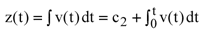 Figure 27. Equation. Deflection as a function of time. z parenthesis t end parenthesis equals the integral of v parenthesis t end parenthesis equals c subscript 2 plus the integral of v parenthesis t end parenthesis from zero to t.