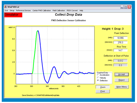 Figure 3. Screen shot. WinFWDCal software program collect drop data screen. This screen shot shows the deflection sensor calibration screen from the WinFWDCal software program. It shows collected data drop, the peak deflection and rise time, and a graphical plot of the actual time history trace of a typical drop.