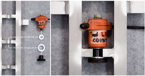 Figure 34. Photo. Attachment of a JILS geophone in the stand. This photo shows the attachment of a JILS geophone in the calibration stand and a close-up of an attached JILS sensor. The left panel shows the six components in an unassembled layout. The components are the JILS geophone, which is an orange plastic cylinder with a wire out the back and a bolt out the bottom, a small upper washer, a large lower washer, a black knurled knob, and the geophone stand with a notched shelf for placing the geophone. The right panel shows the JILS geophone bolted to the knob in the stand.