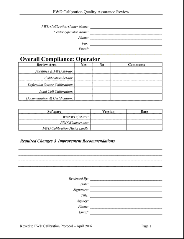 Figure 44. Illustration. Calibration operator QA review form. This multipage questionnaire provides a series of check boxes with space for notes for review of a falling weight deflectometer (FWD) calibration center operator during a quality assurance (QA) visit. Each check box is associated with a requirement or suggestion for FWD calibration. The form has sections on facilities and FWD setup, calibration setup, deflection sensor calibration, load cell calibration, and documentation and certification. It also provides a place to write the name of the operator and the center and the name and signature of the QA reviewer.