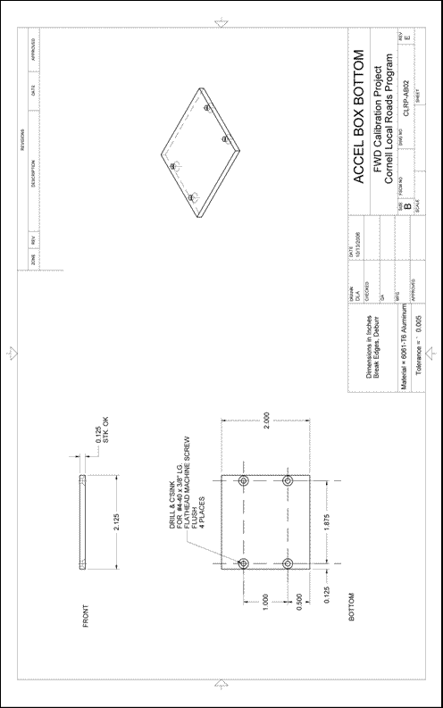 Figure 49. Illustration. CLRP-AB02 accelerometer box bottom. This plan sheet shows front, bottom, and isometric views of the bottom piece of a Cornell Local Roads Program (CLRP)-AB02 accelerometer box. All of the dimensions and specifications are included for fabrication by a machine shop.