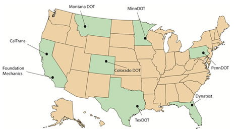 Figure 5. Map. Calibration center locations in the United States. This figure shows a map depicting eight falling weight deflectometer calibration centers located in the United States. Locations are Montana Department of Transportation, California Department of Transportation, Foundation Mechanics in California, Minnesota Department of Transportation, Colorado Department of Transportation, Pennsylvania Department of Transportation, Texas Department of Transportation, and Dynatest® in Florida.