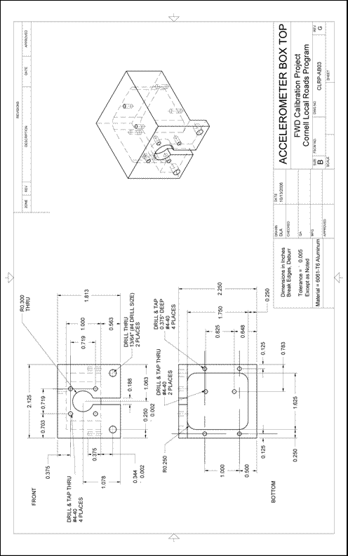 Figure 50. Illustration. CLRP-AB03 accelerometer box top. This plan sheet shows front, bottom, and isometric views of a Cornell Local Roads Program (CLRP)-AB03 accelerometer box top. All of the dimensions and specifications are included for fabrication by a machine shop.