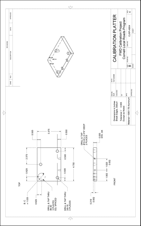 Figure 51. Illustration. CLRP-AB04 calibration platter. This plan sheet shows front, top, and isometric views of a Cornell Local Roads Program (CLRP)-AB04 calibration patter. All of the dimensions and specifications are included for fabrication by a machine shop.