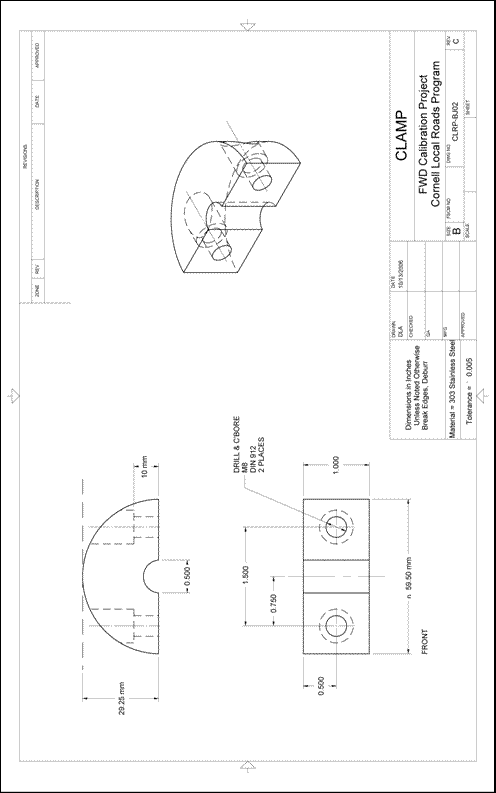 Figure 55. Illustration. CLRP-BJ02 clamp. This plan sheet shows front, top, and isometric views of a Cornell Local Roads Program (CLRP)-BJ02 ball-joint clamp. All of the dimensions and specifications are included for fabrication by a machine shop.