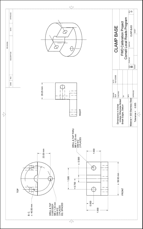 Figure 56. Illustration. CLRP-BJ03 clamp base. This plan sheet shows front, top, and isometric views of a Cornell Local Roads Program (CLRP)-BJ03 ball-joint clamp base. All 