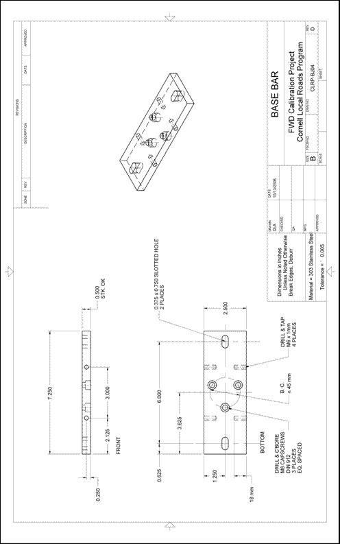 Figure 57. Illustration. CLRP-BJ04 base bar. This plan sheet shows front, bottom, and isometric views of a Cornell Local Roads Program (CLRP)-BJ04 base bar. All of the dimensions and specifications are included for fabrication by a machine shop.