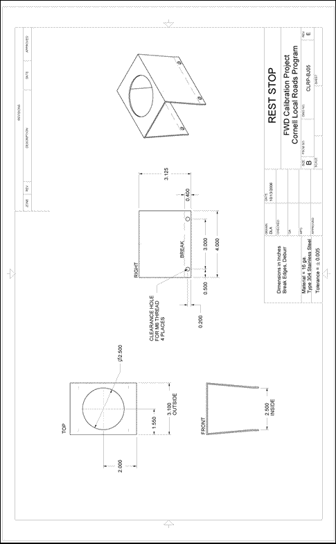 Figure 58. Illustration. CLRP-BJ05 rest stop. This plan sheet shows top, front, right, and isometric views of a Cornell Local Roads Program (CLRP)-BJ05 rest top. All of the dimensions and specifications are included for fabrication by a machine shop.