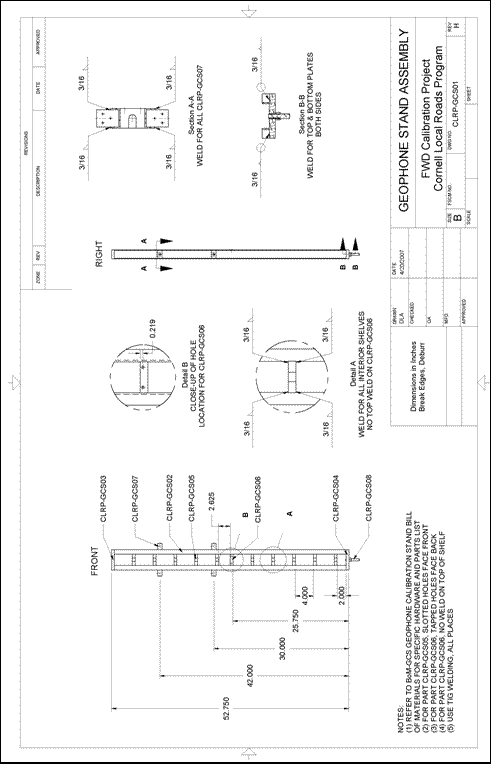 Figure 60. Illustration. CLRP-GCS01 geophone stand assembly. This plan sheet shows front and right views of a Cornell Local Roads Program (CLRP)-GCS01 geophone calibration stand as well as details of the required welds. All of the dimensions and specifications are included for fabrication by a machine shop. Instructions and references are included to assemble the geophone calibration stand.