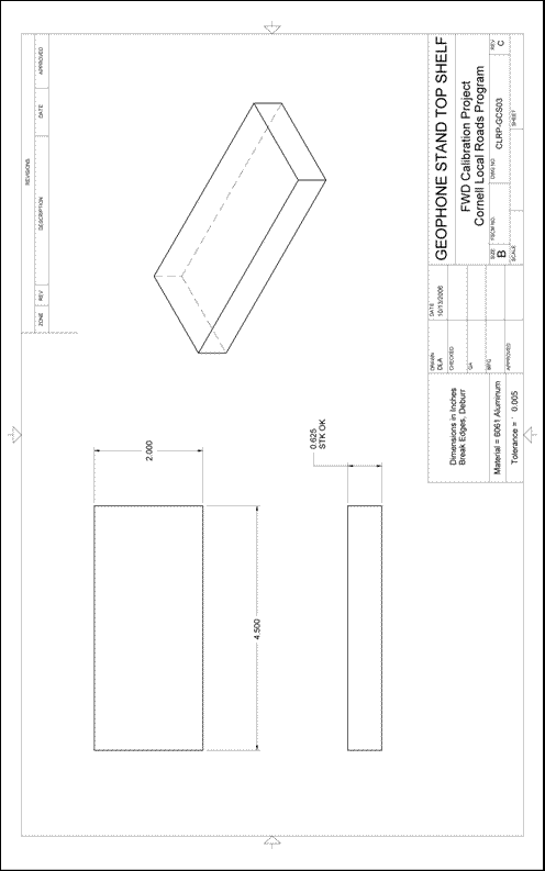 Figure 62. Illustration. CLRP-GCS03 geophone top shelf. This plan sheet shows top, side, and isometric views of a Cornell Local Roads Program (CLRP)-GCS03 geophone stand top shelf. All of the dimensions and specifications are included for fabrication by a machine shop.