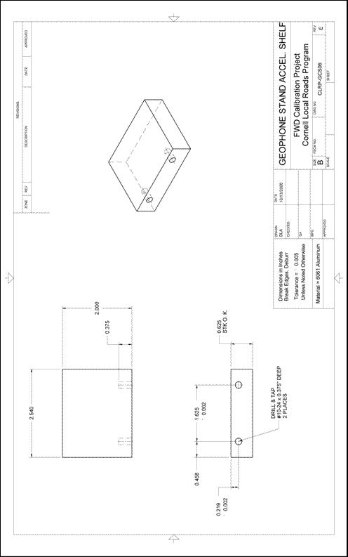 Figure 65. Illustration. CLRP-GCS06 geophone stand accelerometer shelf. This plan sheet shows top, front, and isometric views of a Cornell Local Roads Program (CLRP)-GCS06 geophone stand accelerometer shelf. All of the dimensions and specifications are included for fabrication by a machine shop.