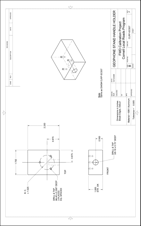 Figure 66. Illustration. CLRP-GCS07 geophone stand handle holder. This plan sheet shows top, front, and isometric views of a Cornell Local Roads Program (CLRP)-GCS07 geophone stand handle holder. All of the dimensions and specifications are included for fabrication by a machine shop.