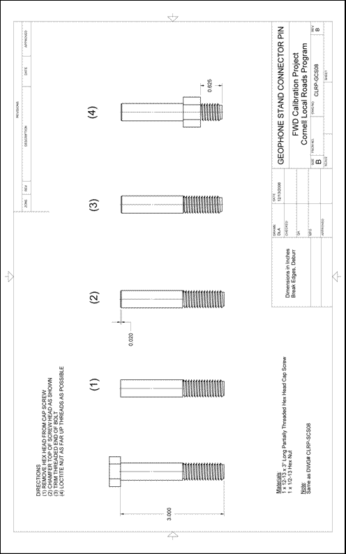 Figure 67. Illustration. CLRP-GCS08 geophone stand connector pin. This plan sheet shows the instructions for preparing a Cornell Local Roads Program (CLRP)-GCS08 geophone stand connector pin. All of the dimensions and specifications are included for fabrication by a machine shop.