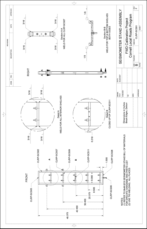 Figure 69. Illustration. CLRP-SCS01 seismometer stand assembly. This plan sheet shows front and side views of a Cornell Local Roads Program (CLRP)-SCS01 seismometer calibration stand as well as details on the required welds. All of the dimensions and specifications are included for fabrication by a machine shop. Instructions and references are included to assemble the seismometer calibration stand.