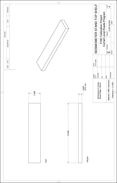 Figure 71. Illustration. CLRP-SCS03 seismometer stand top shelf. This plan sheet shows 
top, front, and isometric views of a Cornell Local Roads Program (CLRP)-SCS03 seismometer stand top shelf. All of the dimensions and specifications are included for fabrication by a machine shop. 