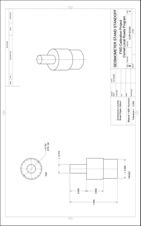 Figure 73. Illustration. CLRP-SCS05 seismometer stand standoff. This plan sheet shows top, front, and isometric views of a Cornell Local Roads Program (CLRP)-SCS05 seismometer stand standoff. All of the dimensions and specifications are included for fabrication by a machine shop.