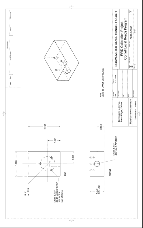 Figure 75. Illustration. CLRP-SCS07 seismometer stand handle holder. This plan sheet shows top, front, and isometric views of a Cornell Local Roads Program (CLRP)-SCS07 seismometer stand handle holder. All of the dimensions and specifications are included for fabrication by a machine shop.