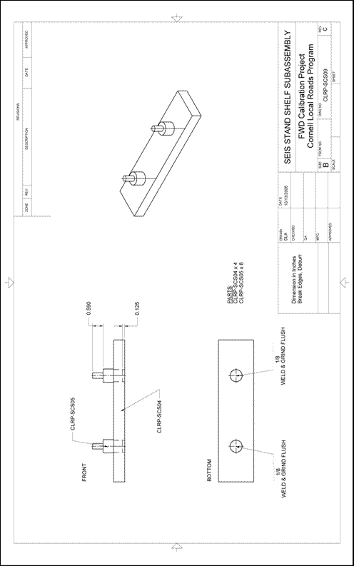 Figure 77. Illustration. CLRP-SCS09 seismometer stand shelf subassembly. This plan sheet shows front, bottom, and isometric views of a Cornell Local Roads Program (CLRP)-SCS09 seismometer stand shelf subassembly. All of the dimensions and specifications are included for fabrication by a machine shop.