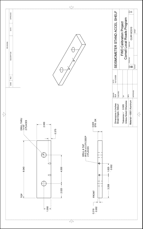 Figure 78. Illustration. CLRP-SCS10 seismometer stand accelerometer shelf. This plan sheet shows top, front, and isometric views of a Cornell Local Roads Program (CLRP)-SCS10 accelerometer shelf. All of the dimensions and specifications are included for fabrication by a machine shop.