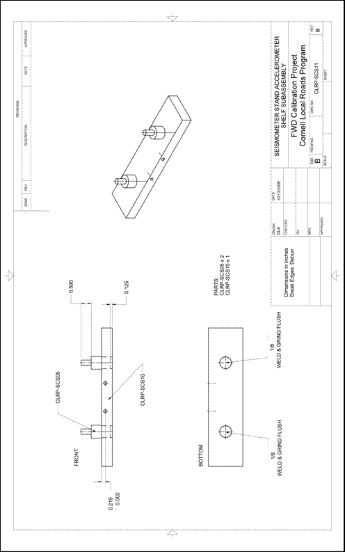 Figure 79. Illustration. CLRP-SCS11 seismometer stand accelerometer shelf subassembly. This plan sheet shows front, bottom, and isometric views of a Cornell Local Roads Program (CLRP)-SCS11 seismometer stand accelerometer shelf subassembly. All of the dimensions and specifications are included for fabrication by a machine shop.