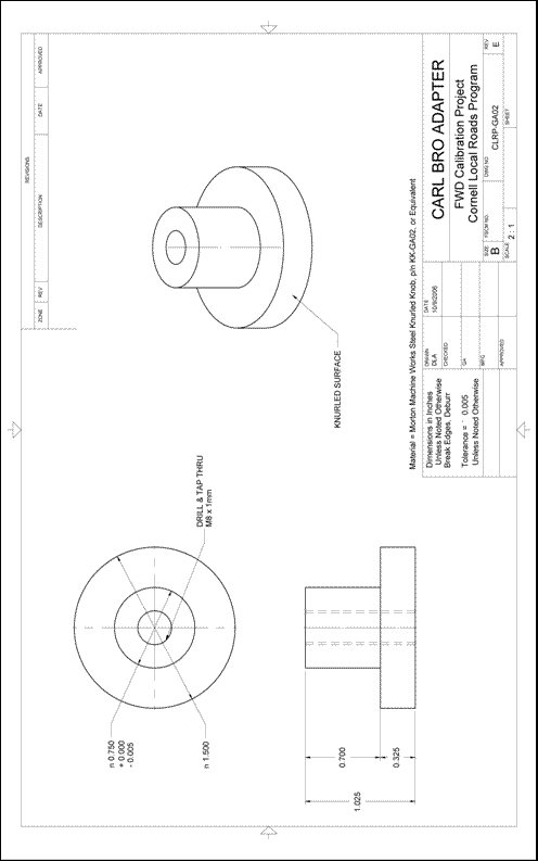 Figure 81. Illustration. CLRP-GA02 Carl Bro adapter. This plan sheet shows top, profile, and isometric views of a Cornell Local Roads Program (CLRP)-GA02 Carl Bro geophone adapter. All of the dimensions and specifications are included for purchase of the knurled nut adapter. 