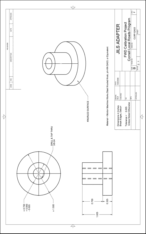 Figure 82. Illustration. CLRP-GA03 JILS adapter. This plan sheet shows top, profile, and isometric views of a Cornell Local Roads Program (CLRP)-GA03 JILS geophone adapter. All of the dimensions and specifications are included for purchase of the knurled nut adapter.