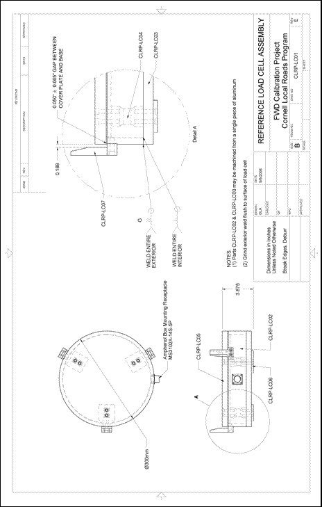 Figure 84. Illustration. CLRP-LC01 load cell assembly. This plan sheet shows assembly instructions and top, side, and detail views of a Cornell Local Roads Program (CLRP)-LC01 reference load cell as well as details of the required welds. All of the dimensions and specifications are included for fabrication by a machine shop. Instructions and references are included to assemble the seismometer calibration stand.