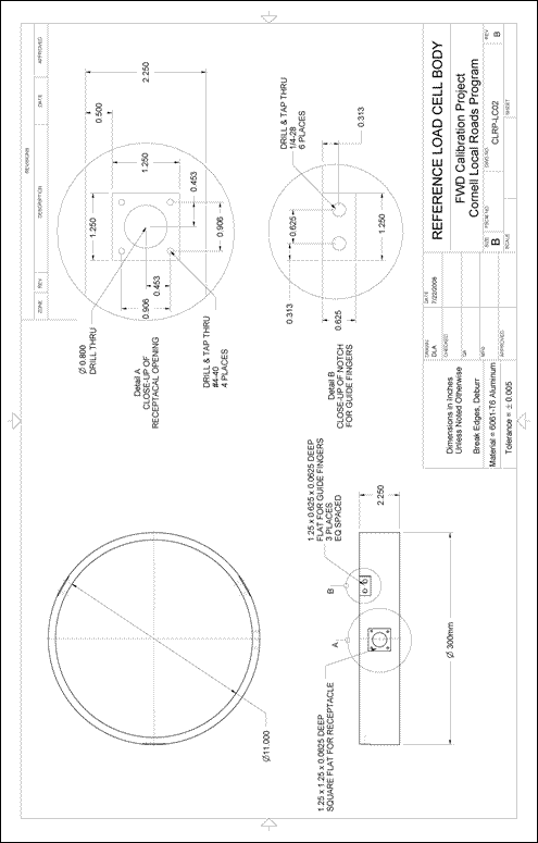 Figure 85. Illustration. CLRP-LC02 load cell body. This plan sheet shows top, side, and detail views of a Cornell Local Roads Program (CLRP)-LC02 reference load cell body. All of the dimensions and specifications are included for fabrication by a machine shop.