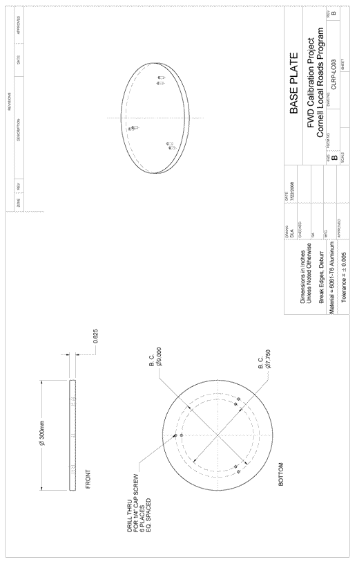 Figure 86. Illustration. CLRP-LC03 base plate. This plan sheet shows top, side, and isometric views of a Cornell Local Roads Program (CLRP)-LC03 reference load cell base plate. All of the dimensions and specifications are included for fabrication by a machine shop.