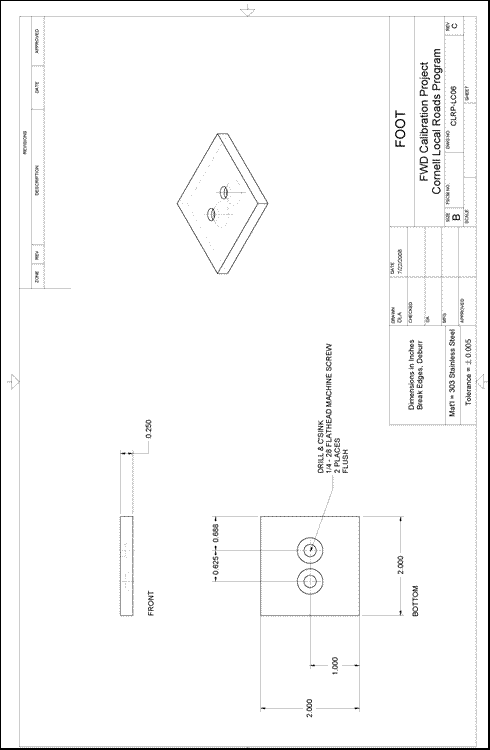 Figure 89. Illustration. CLRP-LC06 foot. This plan sheet shows top, side, and isometric views of a Cornell Local Roads Program (CLRP)-LC06 reference load cell foot. All of the dimensions and specifications are included for fabrication by a machine shop.