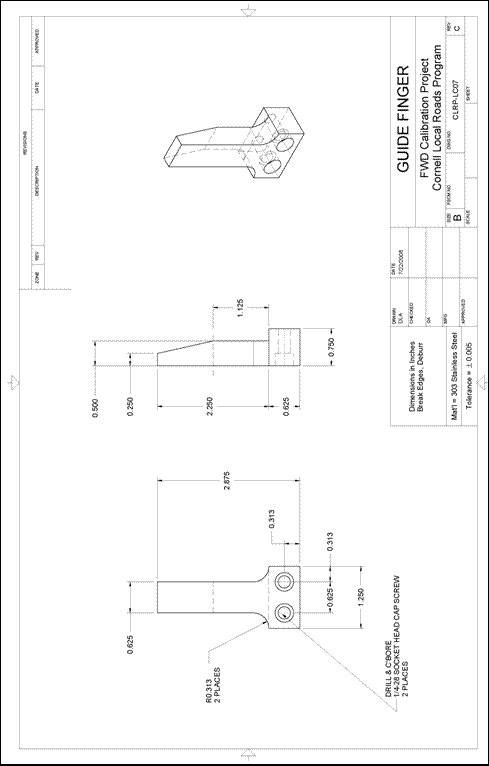 Figure 90. Illustration. CLRP-LC07 guide fingers. This plan sheet shows side, end, and isometric views of Cornell Local Roads Program (CLRP)-LC07 reference load cell guide fingers. All of the dimensions and specifications are included for fabrication by a machine shop.